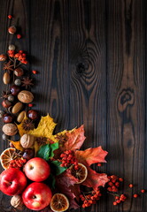 Autumn bright yellow-red leaves, nuts, apples on a wooden background. natural table made of boards. top view with space for text. vertical arrangement