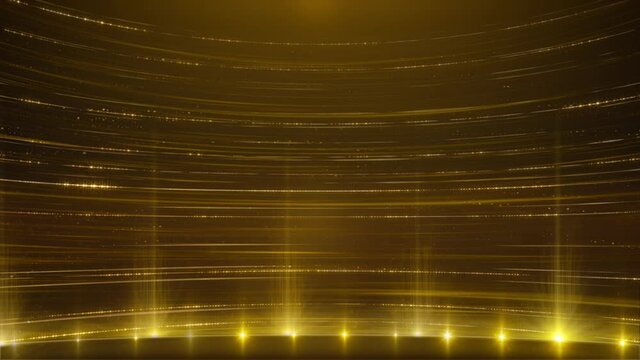 Luxurious golden stripes flowing from left to right. Stage lights and particles flickering. Performance stage screen background.