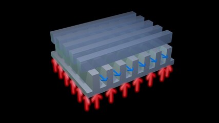 Microchannel heat exchange cooling system. 
Microfluidic cooling system . Micromachines Miniaturized Nanotechnology . Heat reduction concept . 3d render illustration