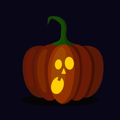 Orange pumpkin lantern with a scary face for Halloween. Festive decoration. Cartoon vector illustration on dark background
