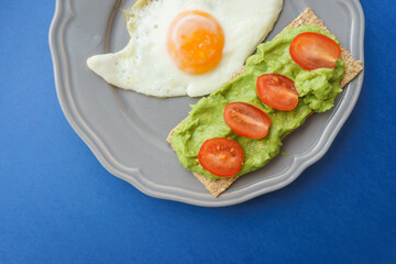 Simple and delicious breakfast: fried eggs on rye bread with guacomole, avocado puree and cherry tomato slices.