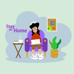 illustration of Woman working at home. I stay at home