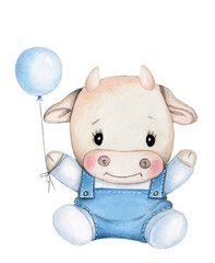 Cute cartoon cow (bull, calf), adorable symbol of New Year 2021. Watercolor hand drawn art, illustration, icon, print. Isolated on white background. 