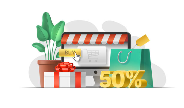 Online shopping on website, mobile app vector concept. Special offer fifty percent discount. Set of 3D objects on isolated background for social media, advertising, promotion, flyer, discount store.