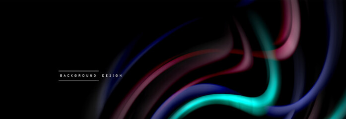 Dynamic motion abstract background. Color blurred stripes on black. Wave liquid lines poster. Vector illustration