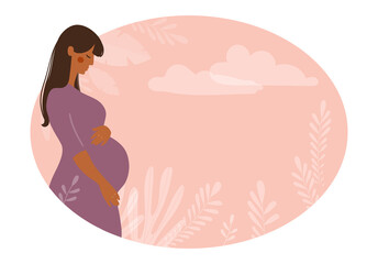Modern banner about pregnancy and motherhood. Poster with a beautiful young pregnant woman with long hair and place for text. Minimalistic design, flat cartoon vector illustration.