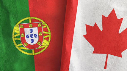 Canada and Portugal two flags textile cloth 3D rendering