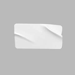 White glued crumpled rectangle sticker mock up. Blank white adhesive paper or plastic sticker label with wrinkled and creased effect. Template label tag close up. 3d realistic vector