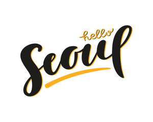 Hello Seoul handwritten lettering  phrase isolated on white background. Travel South Korea concept. Vector typography design for social media, web banner, poster or print. 