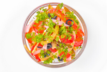 Healthy food - mix vegetable salad served in a bowl over white background. Healthy eating, delicious snack or dinner.