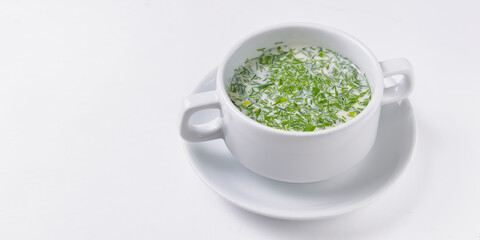 Cold soup okroshka. Traditional Ukrainian or Russian cuisine. Delicious sour cream or mayonnaise soup for summer.