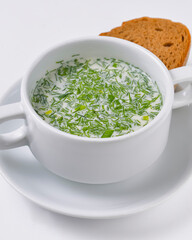 Cold soup okroshka. Traditional Ukrainian or Russian cuisine. Delicious sour cream or mayonnaise soup for summer.