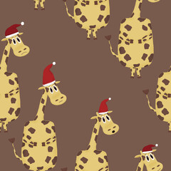 New Year seamless pattern with emotional giraffes with Santa hats on a brown background