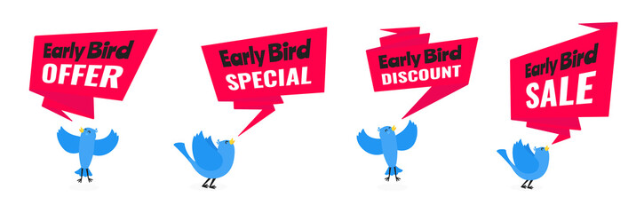 Early bird special offer discount sale event banner flat style design vector illustration set. Tiny bird and big ribbon banner with text isolated on white background.