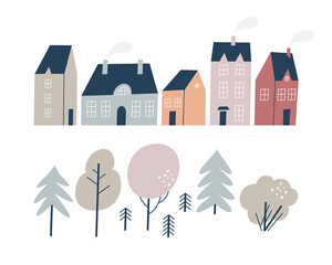 Obraz premium Various small tiny houses and trees. Hand drawn style. 