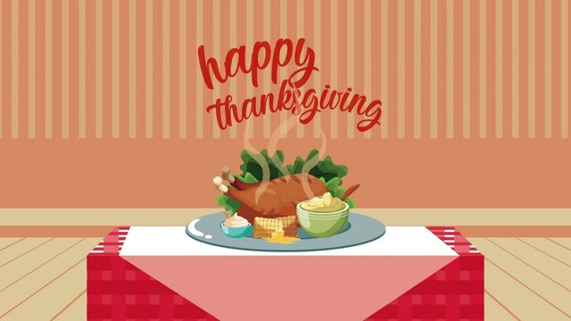 happy thanksgiving day lettering animation with dinner in table