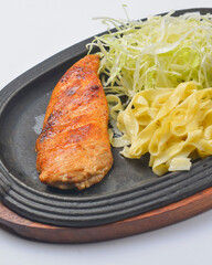 Juicy grilled barbecue steak served over white background. Delicious bbq meat concept