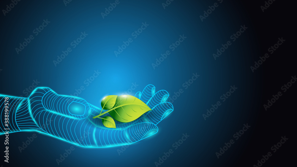 Wall mural Illustration of artificial intelligence holding a plant in hand with green leaves. Science, futuristic, web, network concept, communications, high technology