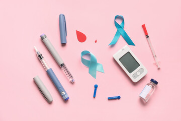 Awareness ribbons with syringes and glucometer and insulin on color background. Diabetes concept