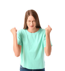 Stressed young woman on white background