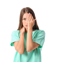 Stressed young woman on white background