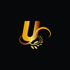 Initial Monogram Letter U Flourishes Logo in gold color.