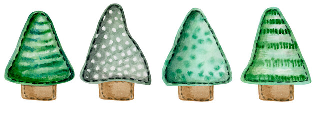 Christmas trees sewn from fabric. Handmade toys for the new year. Watercolor hand-drawn  elements. Ideal for Merry Christmas and Happy New Year cards, flyers, brochures.