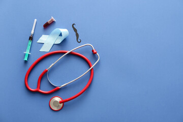 Blue ribbon, stethoscope, mustache, syringe and blood sample on color background. Prostate cancer...