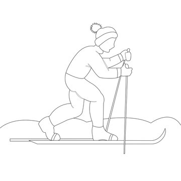 Coloring page outline the boy is skiing. Winter cold weather. Trendy flat design vector illustration.