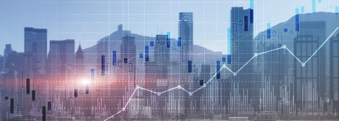 Financial concept investment graph chart diagram double exposure city view skyline.