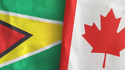 Canada and Guyana two flags textile cloth 3D rendering