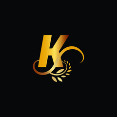 Initial Monogram Letter K Flourishes Logo in gold color.