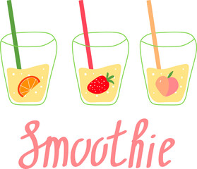  Set of smoothies or fresh juice in jars with fruits. Collection of hand drawn glass bottles with summer cocktails. Concept for healthy food menu bar. Cute flat vector illustration