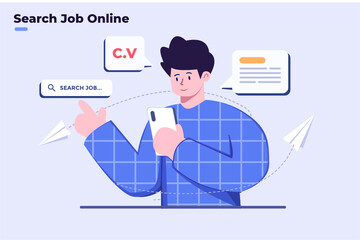 Flat illustration people searching job online website and mobile application, happy person looking online job, apply job in online, submitting job recruitment  with online digital platform.
