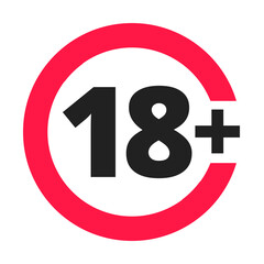 Over 18 forbidden round icon sign vector illustration. Eighteen or older persons adult content 18 plus only rating isolated on white background.