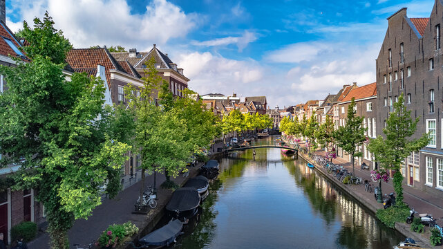 Aerial drone view of Leiden town cityscape from above, typical Dutch city skyline with canals and houses, Holland, Netherlands
