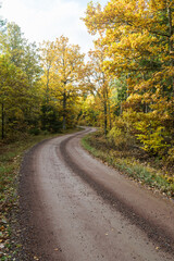 Fototapeta na wymiar Winding gravel road in fall season colors
