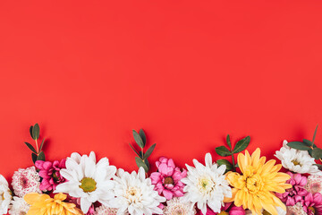 Beautiful frame of flowers on a red background, free space in the middle for the text with congratulations