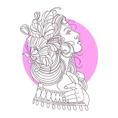 Beautiful woman head with flowers hair. Design for spa, ayurveda,