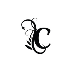 Initial Letter C Flourish Monogram in Black and White Color.