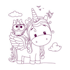 Naklejka premium Black line Unicorn for coloring book or page. Cute Unicorn.
