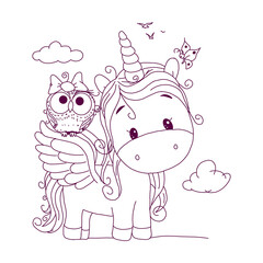 Black line Unicorn for coloring book or page. Cute Unicorn.