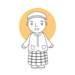 Cute Arab Boy in Orange Traditional Muslim Clothes Vector Illustration