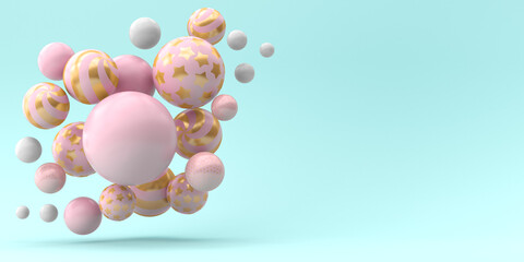 3d render illustration for advertising. Pink with gold patterned shiny spheres on a blue background.