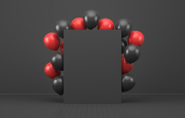 Illustrations for advertising. Red and black balloons in a black interior around a white board. 3d render illustration. Black Friday.
