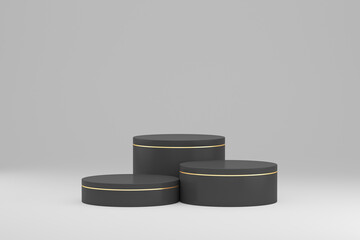 3d render illustration. Empty black display rack of three cylinders on a white background. Illustration for advertising.