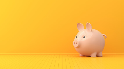 Yellow empty interior and pink pig piggy bank. 3d render illustration. © 3dddcharacter