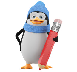 Cartoon character penguin in winter clothes holding a red pencil on a white background. 3d render illustration.