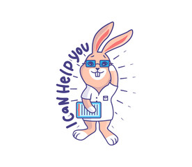The Easter bunny is a doctor - psychotherapist. Happy cartoonish rabbit with a phrase - I can help you. Good for t-shirts, cloth designs, stickers, etc. This content is a vector illustration