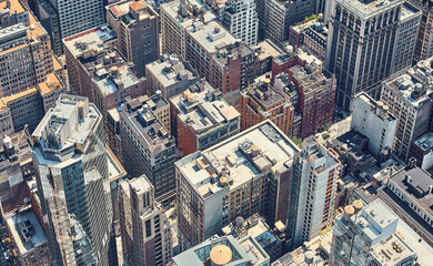 Retro toned aerial view of New York City, USA.